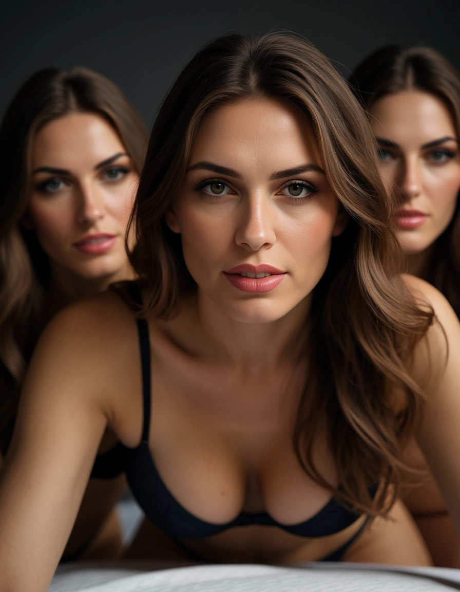 ultra HD, lifelike, 3women, brown hair, underwear, doggy style, film photography, score_9, score_8, candid photo, realistic skin texture, visible skin pores, film grain, depth of field