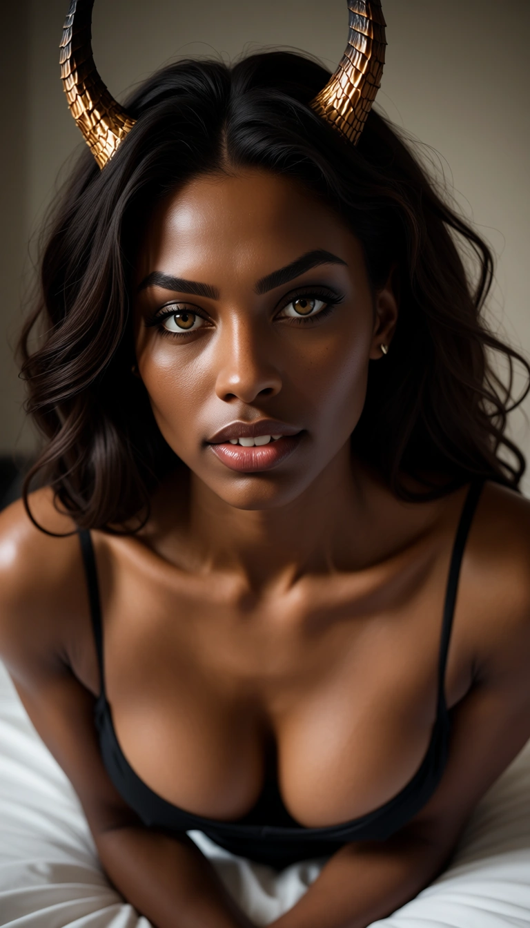 sharp focus, 8k uhd, office lady, dark skin, horns, presenting, bed sheet, medium shot, dramatic lighting, lifelike render