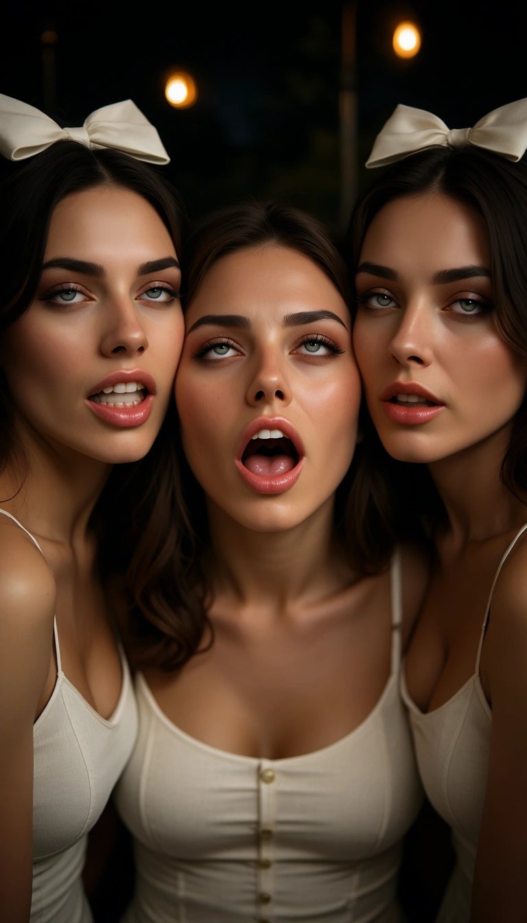 cinematic photo, 8k, 3women, hair bow, sleeveless, ahegao, ambient glow, photorealistic