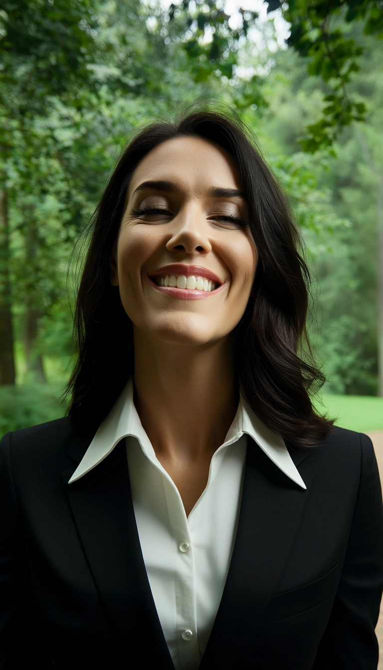 professional photo, high detail, wide shot, office lady, deepthroat, hourglass figure, tree, teasing grin, studio photo