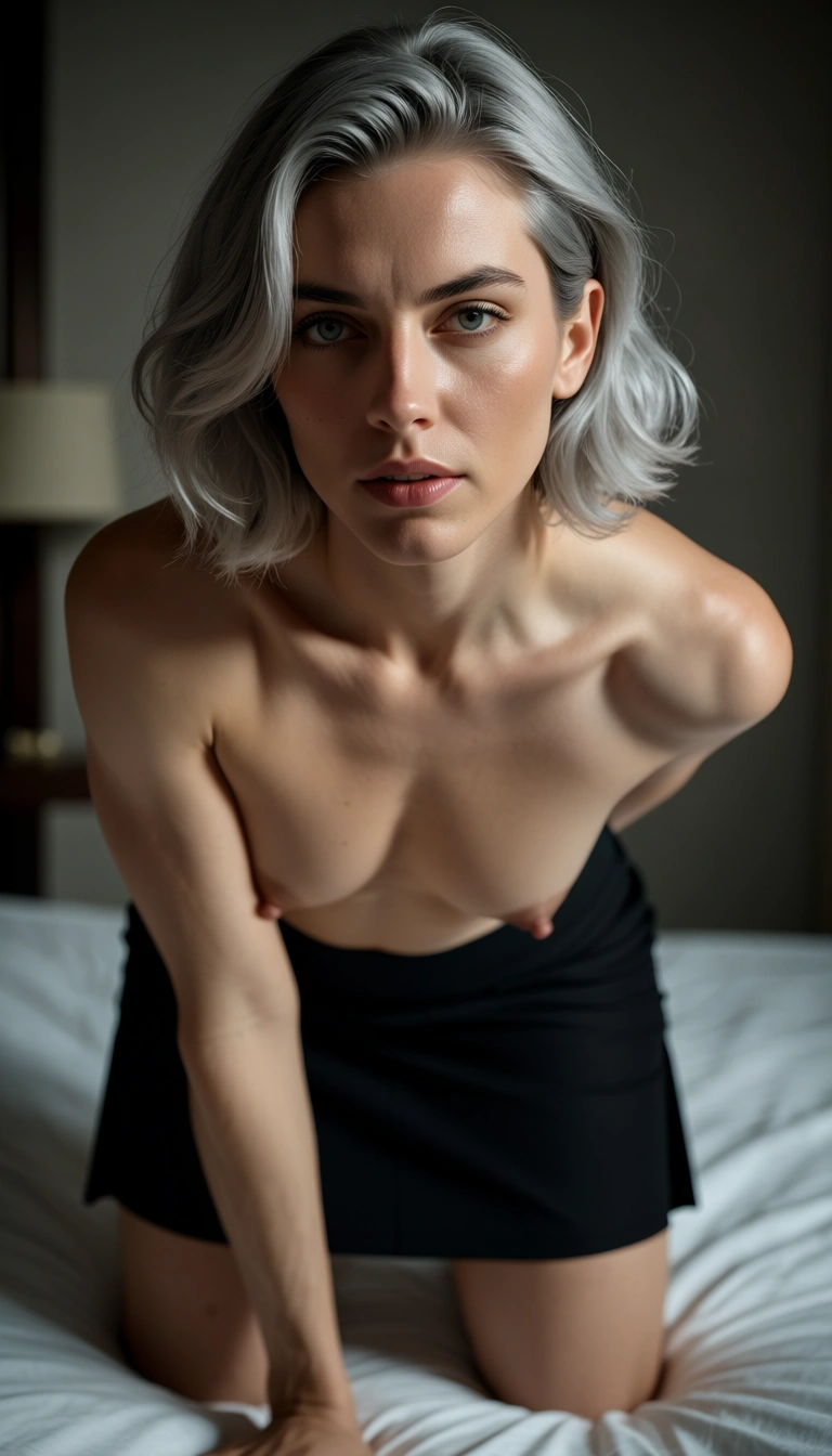 professional photo, high detail, 1boy, grey hair, black skirt, kneeling on bed, film photography