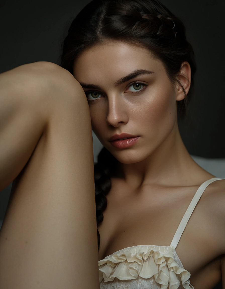 8k, sharp focus, detailed skin, 1boy, braid, frills, leg up, cinematic realism, score_9, score_8, candid photo, realistic skin texture, visible skin pores, film grain, depth of field