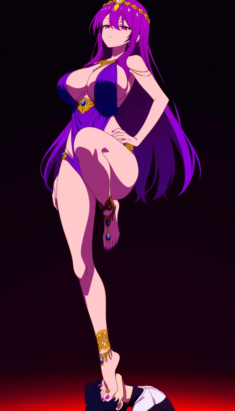 Irresistible girl no game no life, standing up on one leg, High knee, dominant expression, seductive piercing eyes, alternative outfit, intricate jewelry, trample, humiliation, dominance, femdom, foot on face, ornate gold anklets, delicate jeweled toe rings, sexy legs, flawless skin texture, curvaceous body, cinematic lighting, dramatic shadows, big thighs, big hips, big boobs, size difference, larger female, smaller male,, (anime style:1.3), 2d, anime screencap, cel shading, flat color, @00osamio00