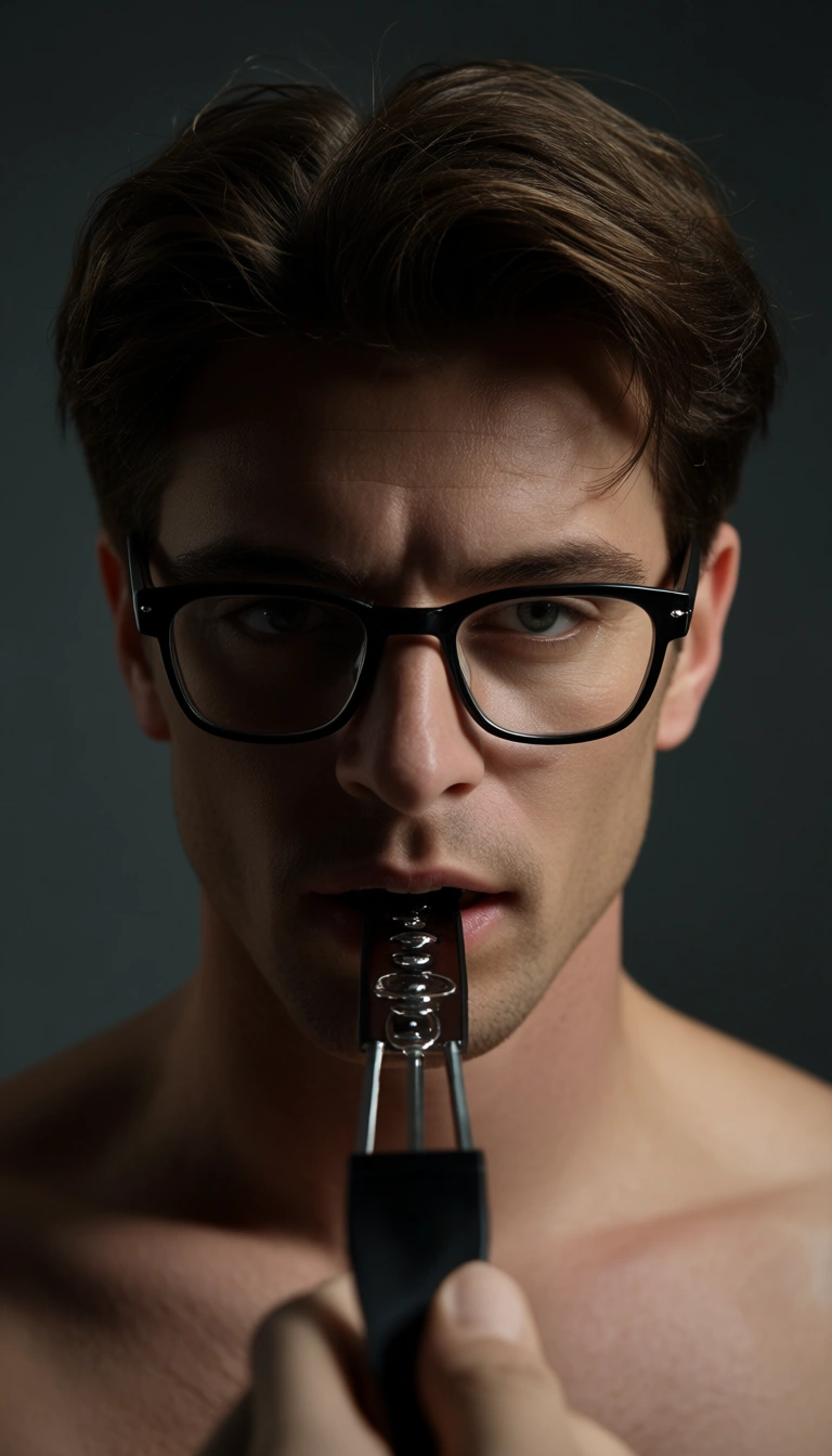 studio quality, sharp focus, POV, 1boy, bondage, glasses, smoldering look, lifelike render