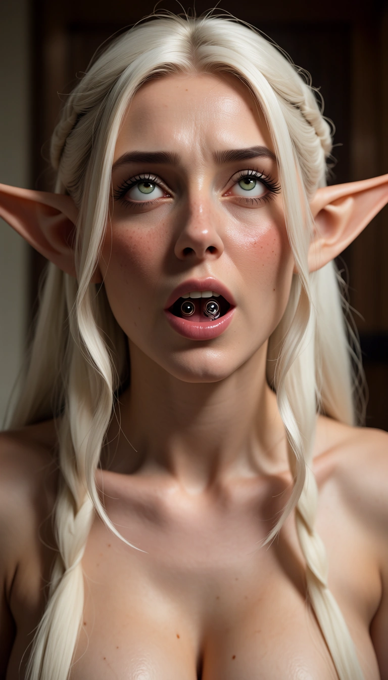 sharp focus, 8k uhd, medium shot, elf girl, ahegao, collarbone, nervous blush, dslr quality, anal_object_insertion