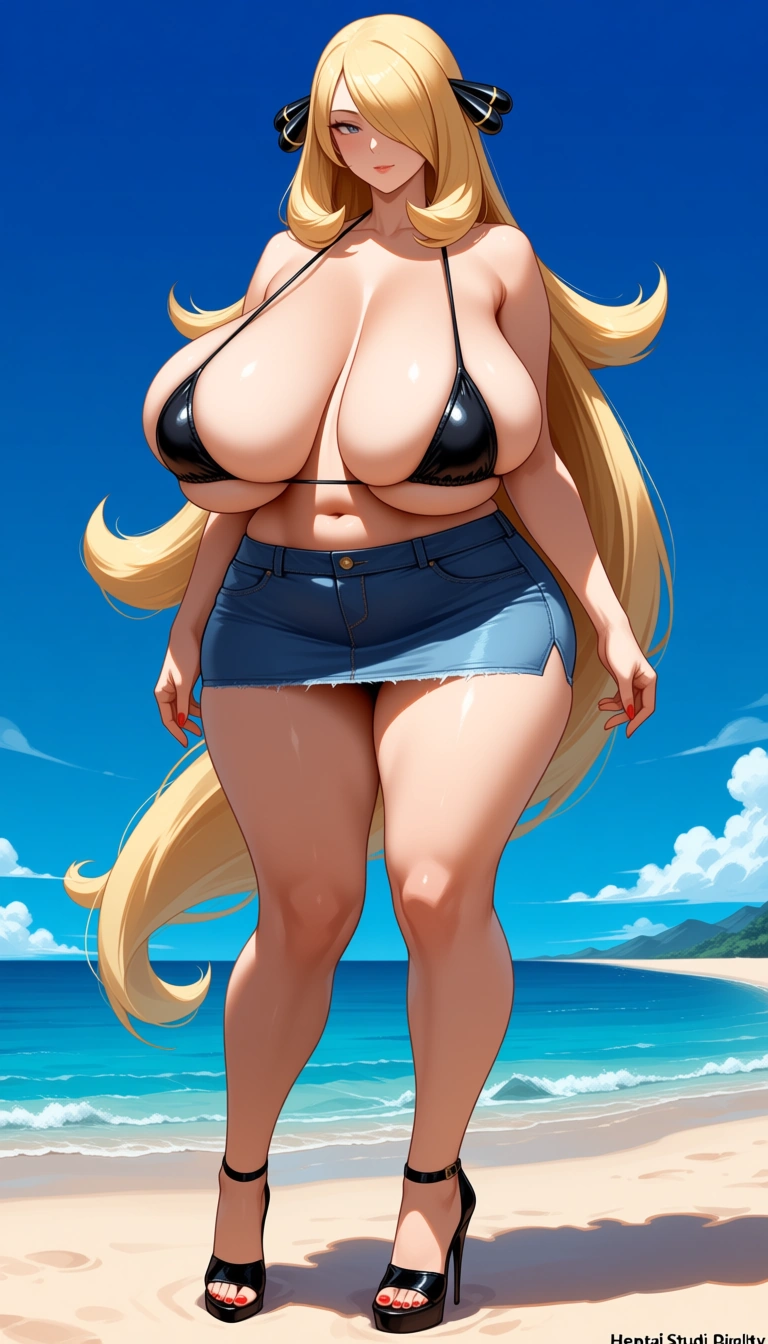 Cynthia from Pokémon, gigantic and sagging breasts, soft breasts, black micro bikini, denim mini skirt, black stiletto heels sandals,on blue sky beach., hentai_studio_quality