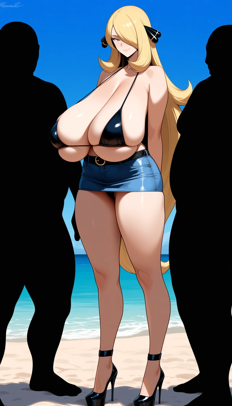 Cynthia from Pokémon, massive and sagging breasts, soft breasts, black micro bikini, denim mini skirt, black stiletto heels sandals,on blue sky beach.beside her two fat naked black people with erect penis., hentai_studio_quality, hentai_studio_quality, hentai_studio_quality, hentai_studio_quality