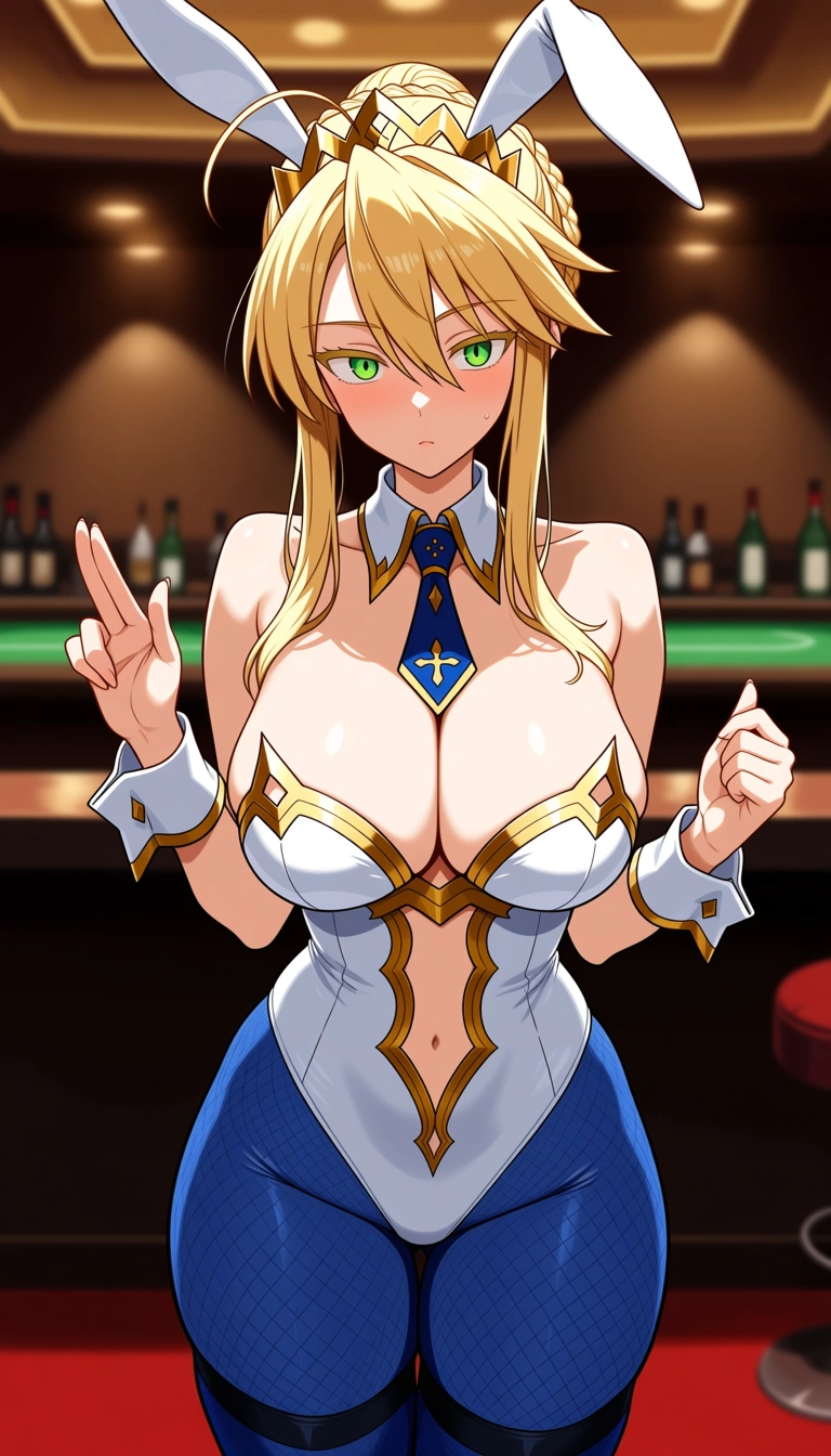 1girl, artoria pendragon (ruler), artoria pendragon, masterfully crafted,
(long blonde hair:1.3), braided ponytail, hair bun, ahoge, green eyes, blunt bangs,
white bunny ears, white and blue bunny suit, strapless bunny suit, thighhighs,
white collar, black tie, white cuffs,(massive breasts:1.2),(sagging breasts:1.2),(soft breasts:1.4),casino,
rabbit gesture.(((pulling down bra))), surprise., hentai_studio_quality, hentai_studio_quality, hentai_studio_quality, hentai_studio_quality