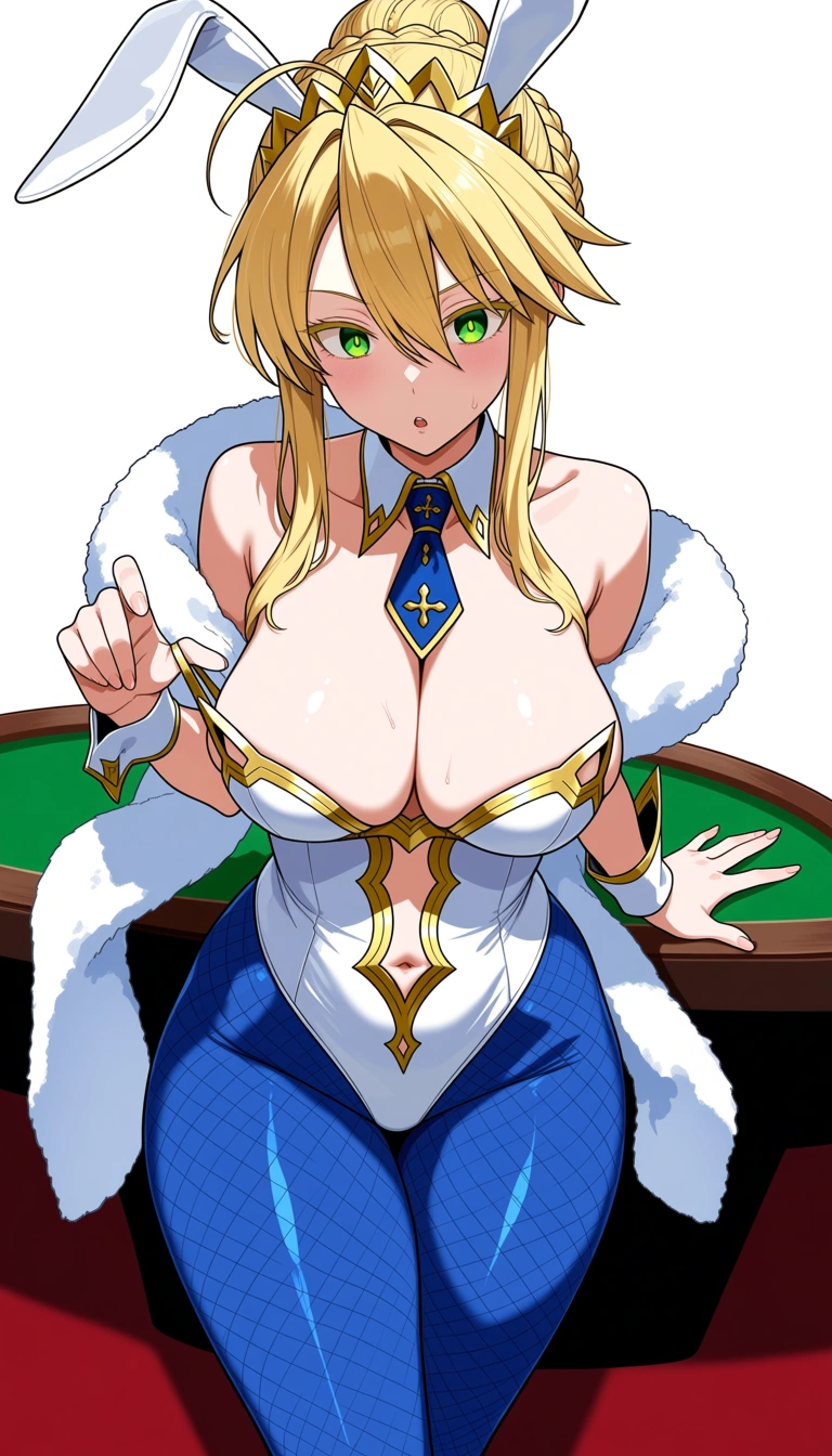 1girl, artoria pendragon (ruler), artoria pendragon, masterfully crafted,
(long blonde hair:1.3), braided ponytail, hair bun, ahoge, green eyes, blunt bangs,
white bunny ears, white and blue bunny suit, strapless bunny suit, thighhighs,
white collar, black tie, white cuffs,(massive breasts:1.2),(sagging breasts:1.2),(soft breasts:1.4),casino,
rabbit gesture.(((pulling down bra,bra pull down, expose full tits))), surprise., hentai_studio_quality, hentai_studio_quality