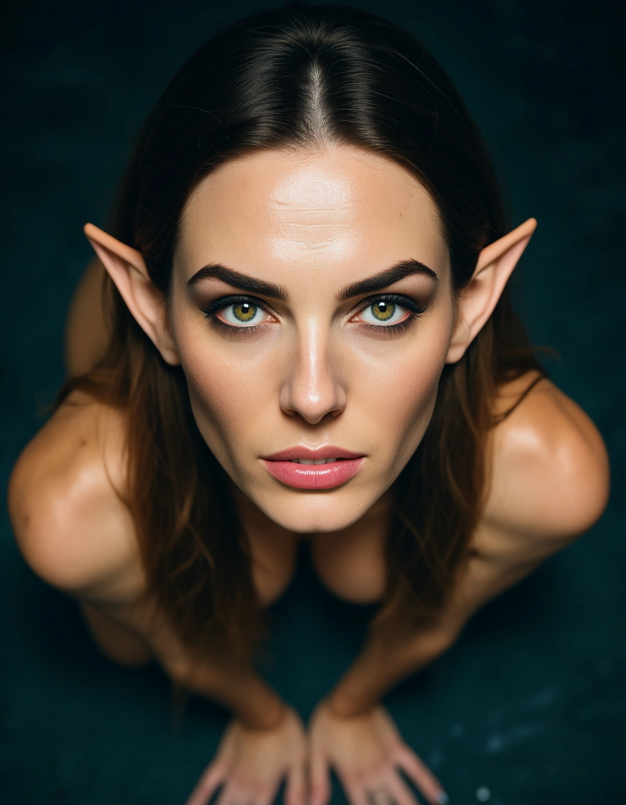 sharp focus, 8k uhd, from above, witch, doggy style, pointy ears, photorealistic, score_9, score_8, candid photo, realistic skin texture, visible skin pores, film grain, depth of field