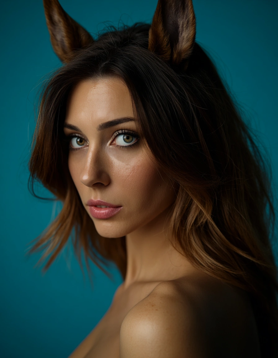 sharp focus, 8k uhd, side view, solo female, facesitting, horse ears, blue background, nervous blush, dslr quality, score_9, score_8, candid photo, realistic skin texture, visible skin pores, film grain, depth of field