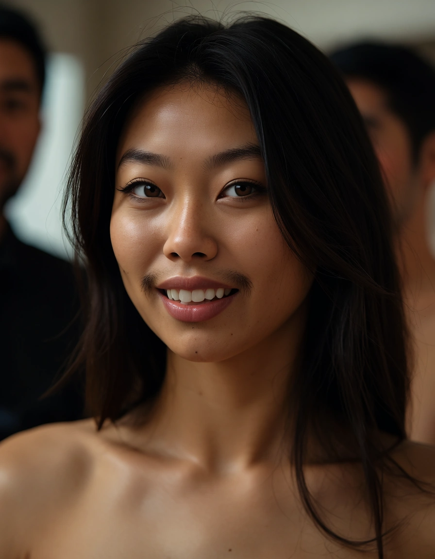 pubic_hair hairy asian at a family reunion, score_9, score_8, candid photo, realistic skin texture, visible skin pores, film grain, depth of field