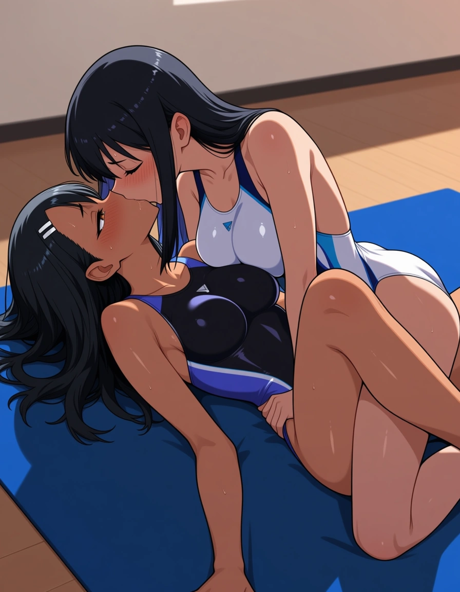 2girls, multiple_girls, @nagatoro_hayase, @tenjouin_asuka, yuri, lesbian, competition_swimsuit, tribadism, missionary, on_back, girl_on_top, on yoga mat, kissing, blush., hentai_studio_quality, hentai_studio_quality