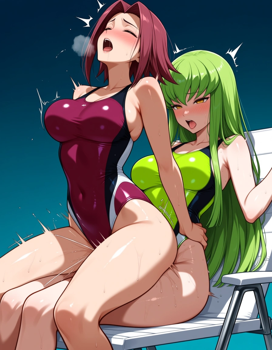 2girls, multiple_girls, @c.c., @kouzuki_kallen, yuri, lesbian, on_back, girl_on_top, maroon competition_swimsuit, lime green competition_swimsuit, humping, cowgirl_position, blush, sweat, moaning, orgasm, in pool chair., hentai_studio_quality