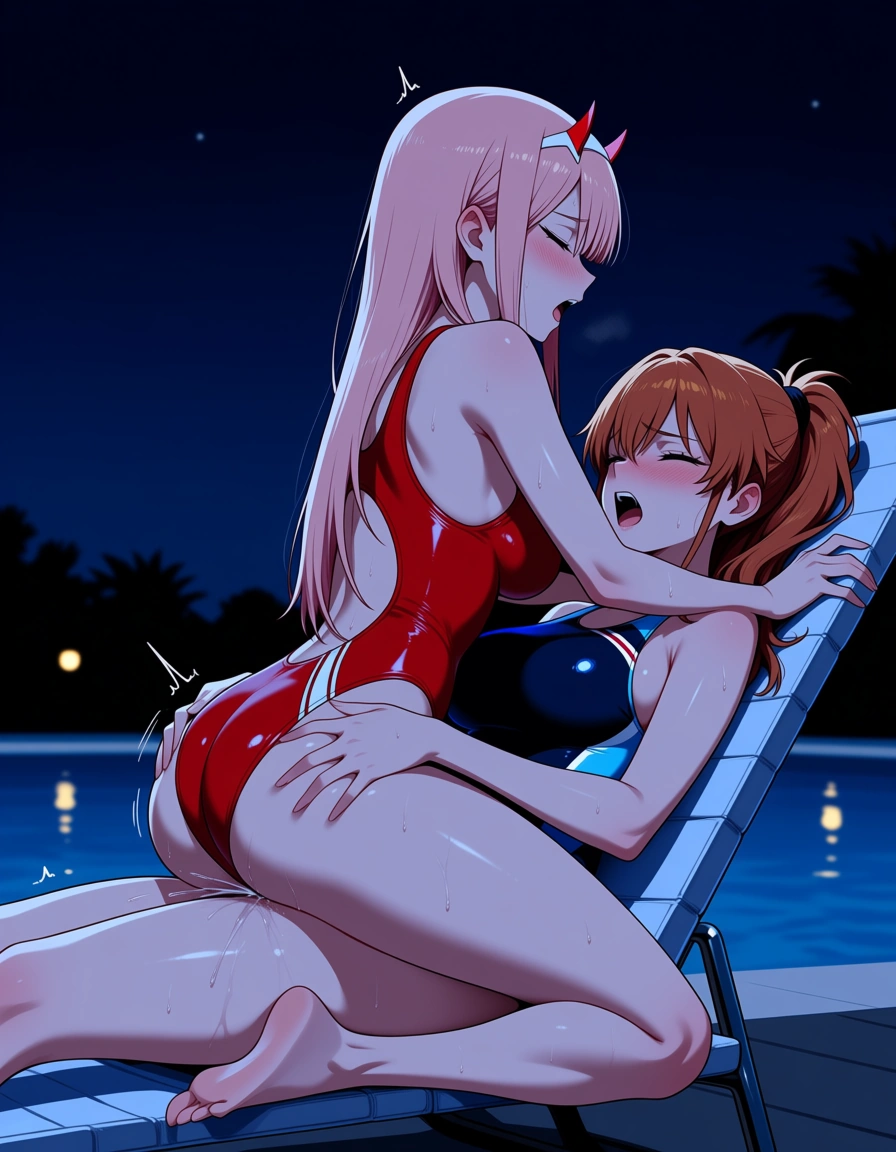 2girls, multiple girls, @zero_two_(darling_in_the_franxx), @souryuu_asuka_langley, yuri, lesbian, on back, blush, sweat, girl_on_top, red competition_swimsuit, closed_eyes, humping, cowgirl_position, grabbing_another's_ass, moaning, orgasm, in pool chair, night., hentai_studio_quality, hentai_studio_quality