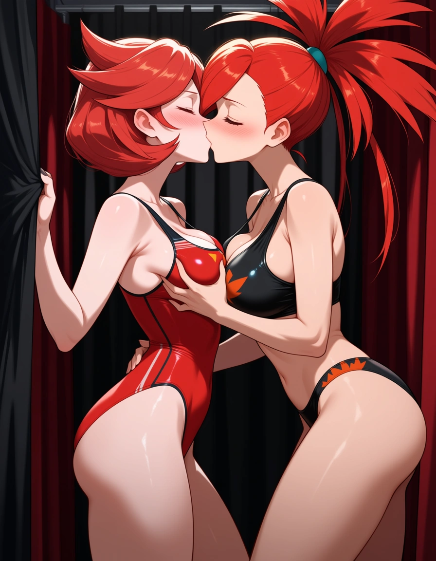@mela_(pokemon), @flannery_(pokemon), yuri, lesbian, red competition_swimsuit, princess_carry, grabbing_another's_breast, blush, closed eyes, kissing, in dressing room, 2girls, multiple_girls., hentai_studio_quality, hentai_studio_quality
