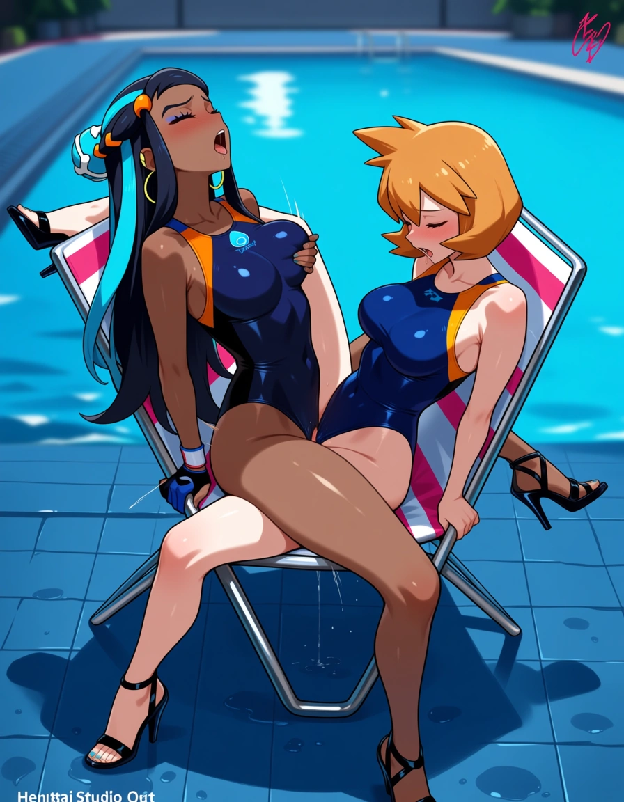 2girls, multiple_girls, @misty_(pokemon), @nessa_(pokemon), yuri, lesbian, blush, closed_eyes, dark blue competition_swimsuit, dark blue high_heels, tribadism, scissoring, grabbing_own_breast, moaning, orgasm, in pool chair., hentai_studio_quality, hentai_studio_quality, hentai_studio_quality