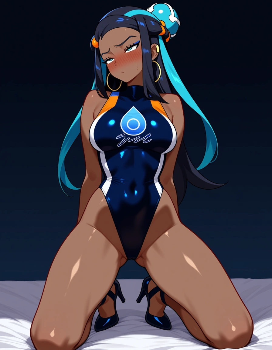 @nessa_(pokemon), kneeling, legs_apart, looking_at_viewer, seductive_smile, closed_mouth, hands_on_own_hips, dark blue competition_swimsuit, dark blue high heels, blush, orgasm, on bed, livestream., hentai_studio_quality, hentai_studio_quality