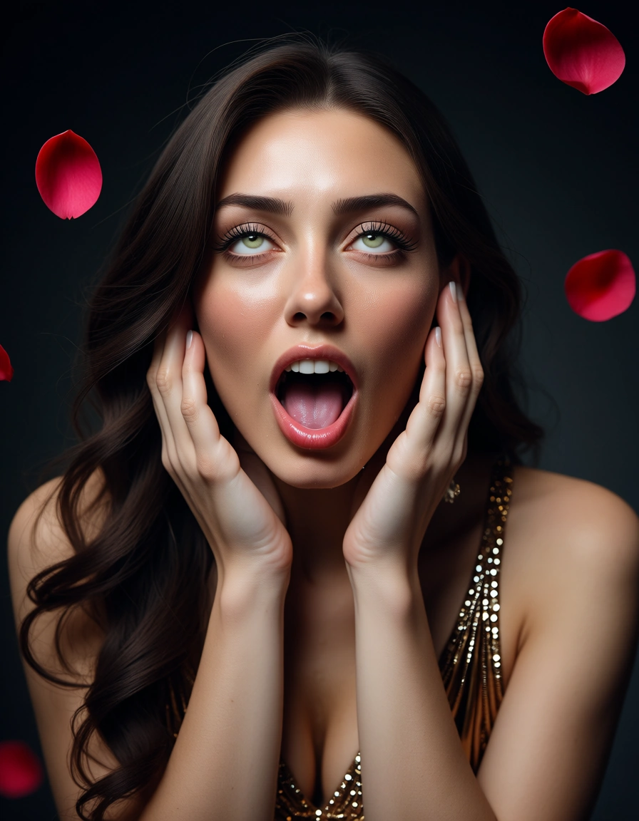8k, sharp focus, detailed skin, solo female, hands up, cocktail dress, ahegao, petals, extreme close-up, rim light, studio photo, score_9, score_8, candid photo, realistic skin texture, visible skin pores, film grain, depth of field