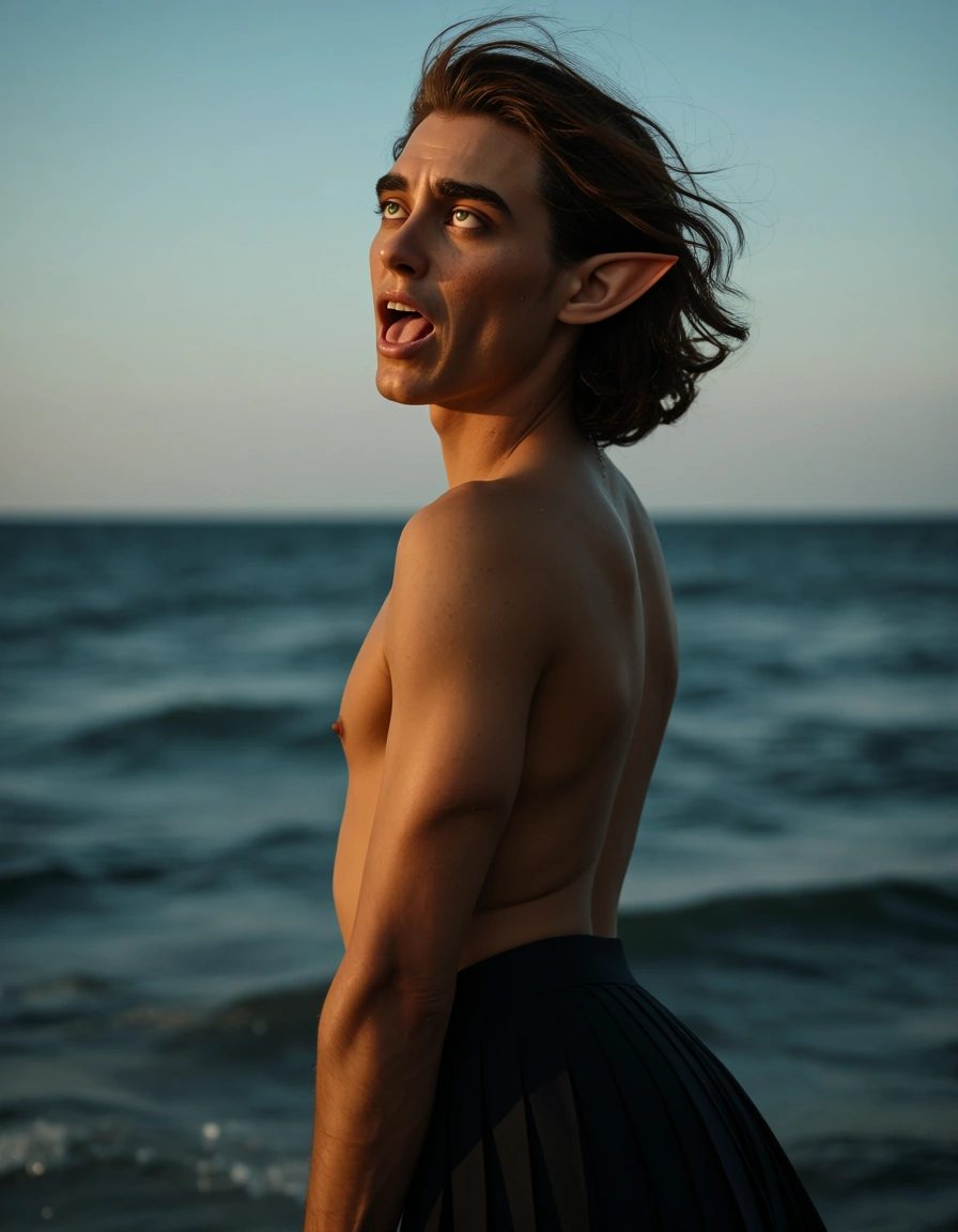 ultra HD, lifelike, male focus, pointy ears, pleated skirt, ahegao, ocean, side view, golden hour, hyperrealistic, score_9, score_8, candid photo, realistic skin texture, visible skin pores, film grain, depth of field
