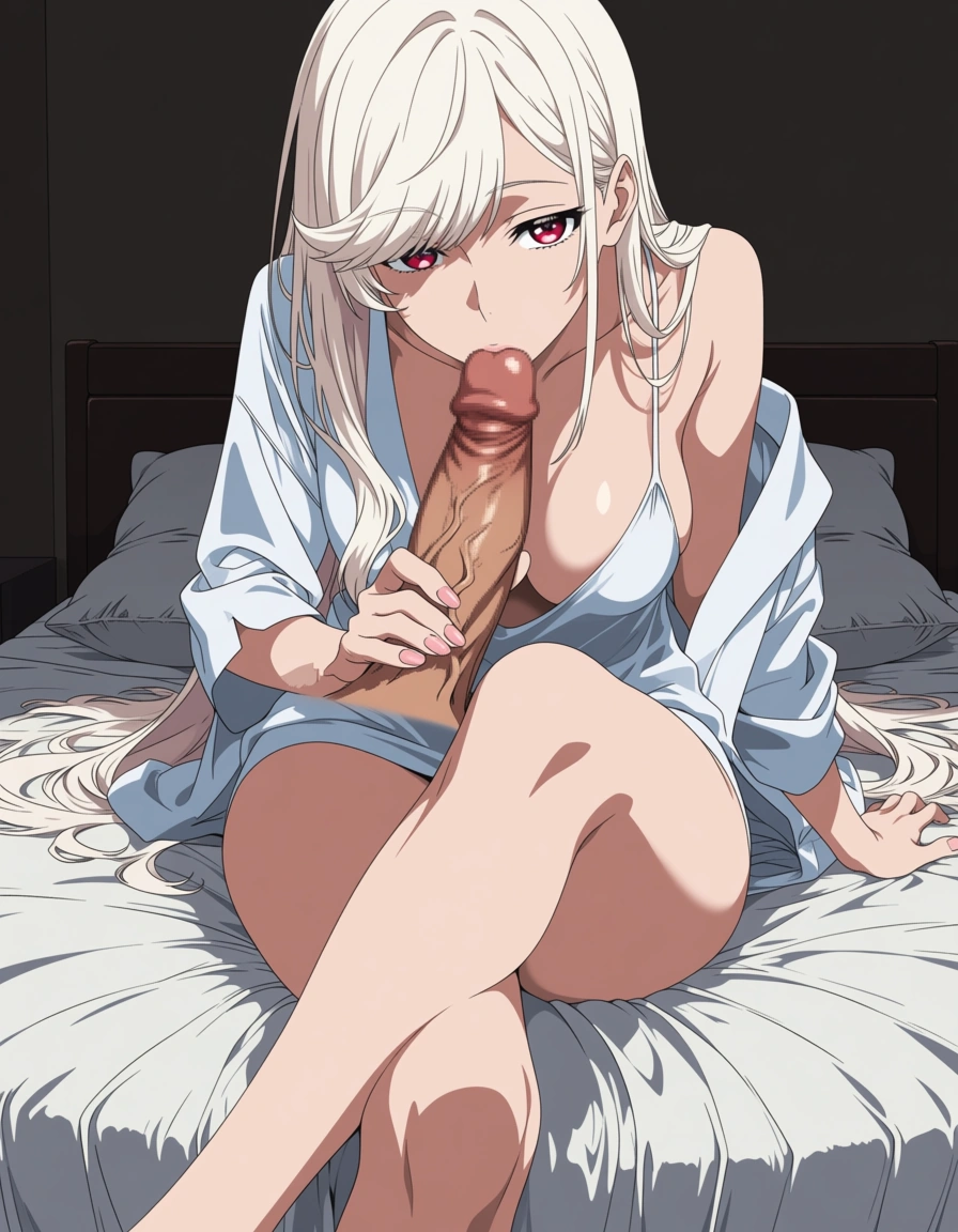 ultra detailed, 1other, crossed legs, blowjob, petite adult woman, swept bangs, bed, manga panel look, (anime style:1.3), 2d, anime screencap, cel shading, flat color, @00osamio00