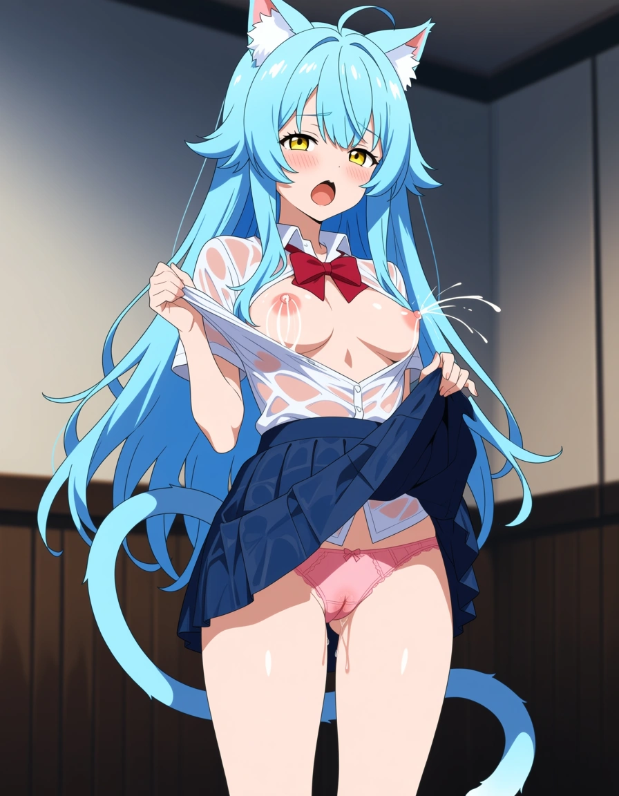 1girl, cat_girl, pale_skin, blue_hair, yellow_eyes, blush, pussy_juice, cat_tail, school_uniform, small_breasts, pink_panties, lactation, wet_clothes, (anime style:1.3), 2d, anime screencap, cel shading, flat color, hentai_studio_quality