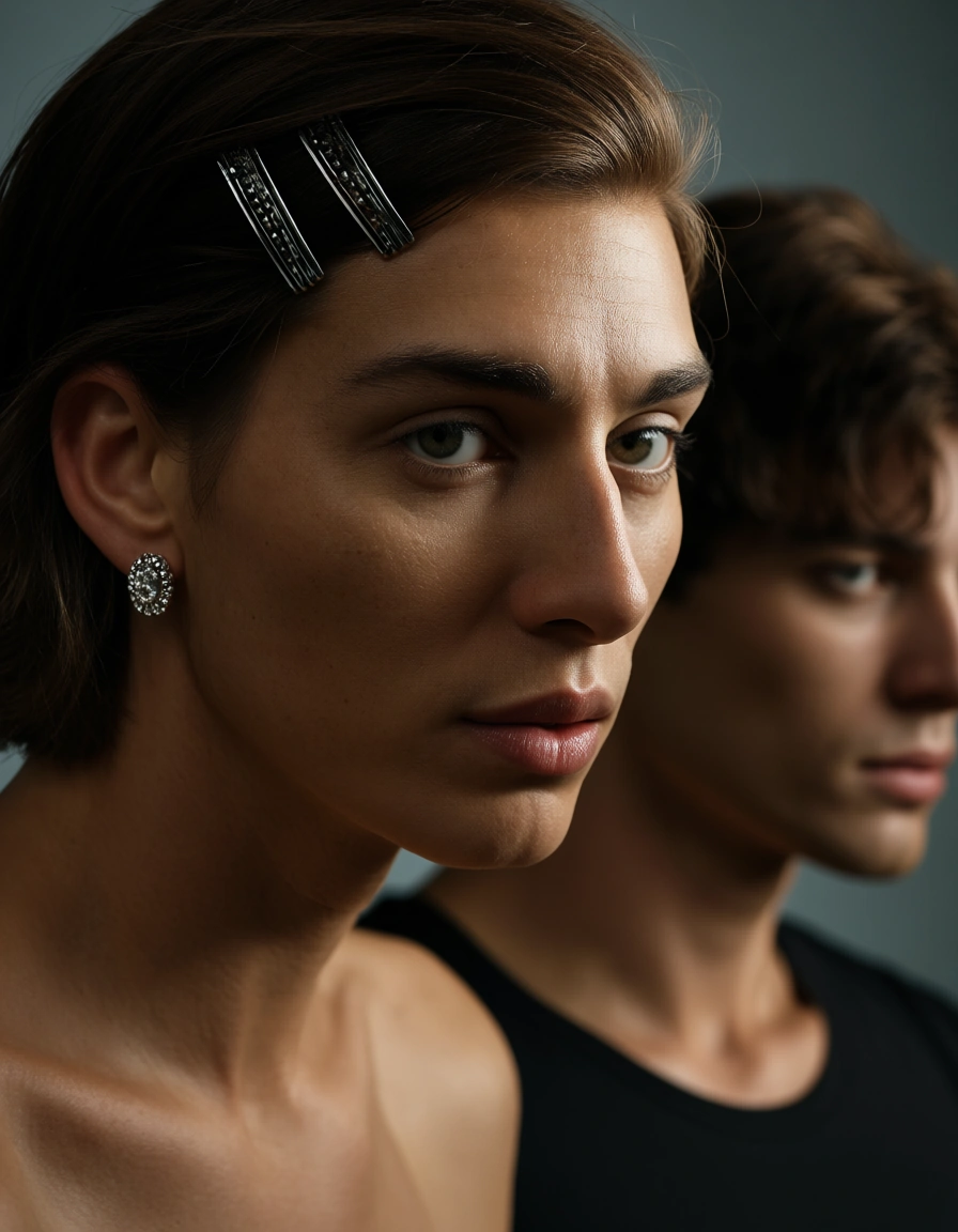 studio quality, sharp focus, 2boys, hairclip, jewelry, facesitting, studio lighting, natural skin texture, score_9, score_8, candid photo, realistic skin texture, visible skin pores, film grain, depth of field