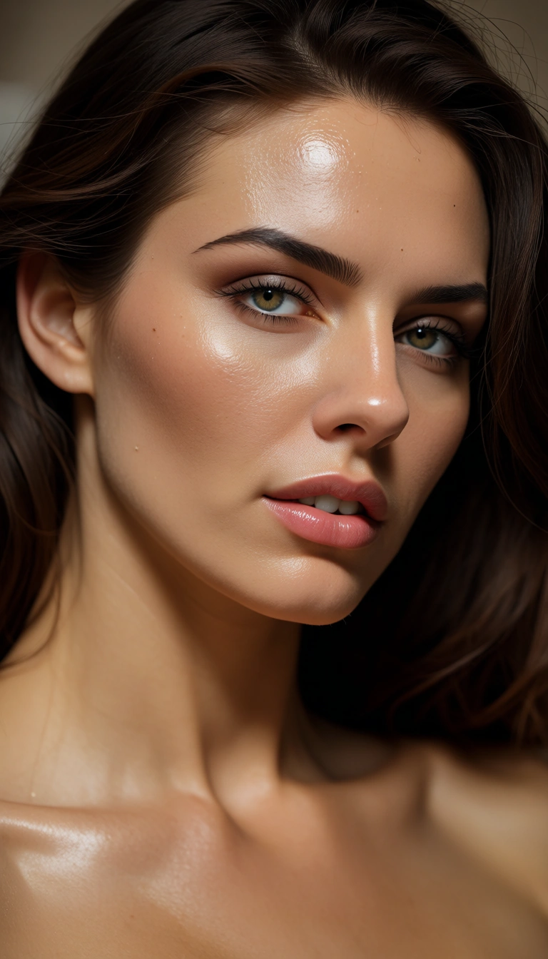 highly detailed, natural lighting, extreme close-up, brunette woman, solo, oiled