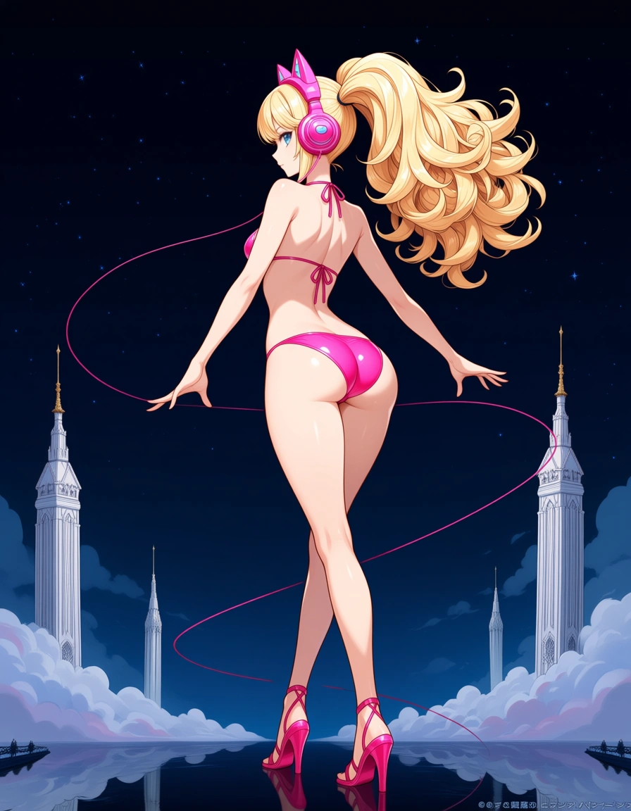 studio quality, best quality, Masterpiece, Detailed, shorty girl girl short, thin, narrow_waist, small_breasts, blue eyes, blonde_hair, long curly_hair, light peach skin, two long ponytails, pink headphones in a shape of Cat ears, super thin tight high profile pink single piece bikini, with thin strings, open toe pink heels, standing, solo, crossed_legs, City in clouds, pointy White towers, from_behind side view, visible ass,, hentai_studio_quality