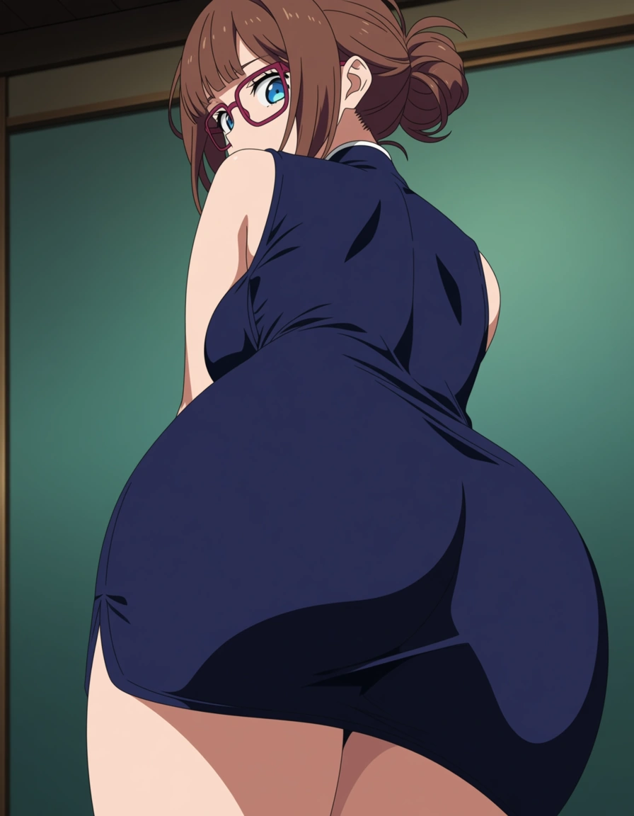 Girl with brown hair in a messy bun with bangs and glasses and she has medium sized tits and medium sized ass she also is wearing a navy blue tight dress and she has blue eyes, (anime style:1.3), 2d, anime screencap, cel shading, flat color, @00osamio00, (anime style:1.3), 2d, anime screencap, cel shading, flat color, @00osamio00