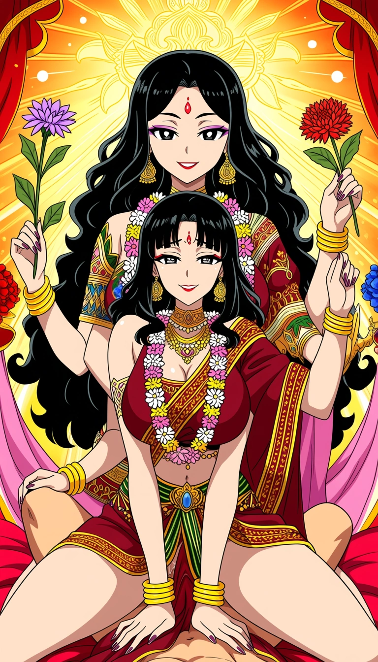 Maa Durga with multiple arms, Beautiful, ethnicity Hindu, Bengali, long black curly hair, mid part hairstyle, red lipstick, Accurate Anatomy, symmetrical body structure, Big chest, Thick thighs and arms, thick pelvis, blouse with intricate patterns and saree , Adorned Heavily in Indian Ornaments, black eyes, POV Sex, Symmetrical Tight Straddling Position, Having sex with viewer, vaginal sex, big all around Mukut Crown, devine radiance, Calm and Graceful Expression, confident smile with Erotic Expressions, flowers around in Symmetrical order, holding flowers, floral necklace,