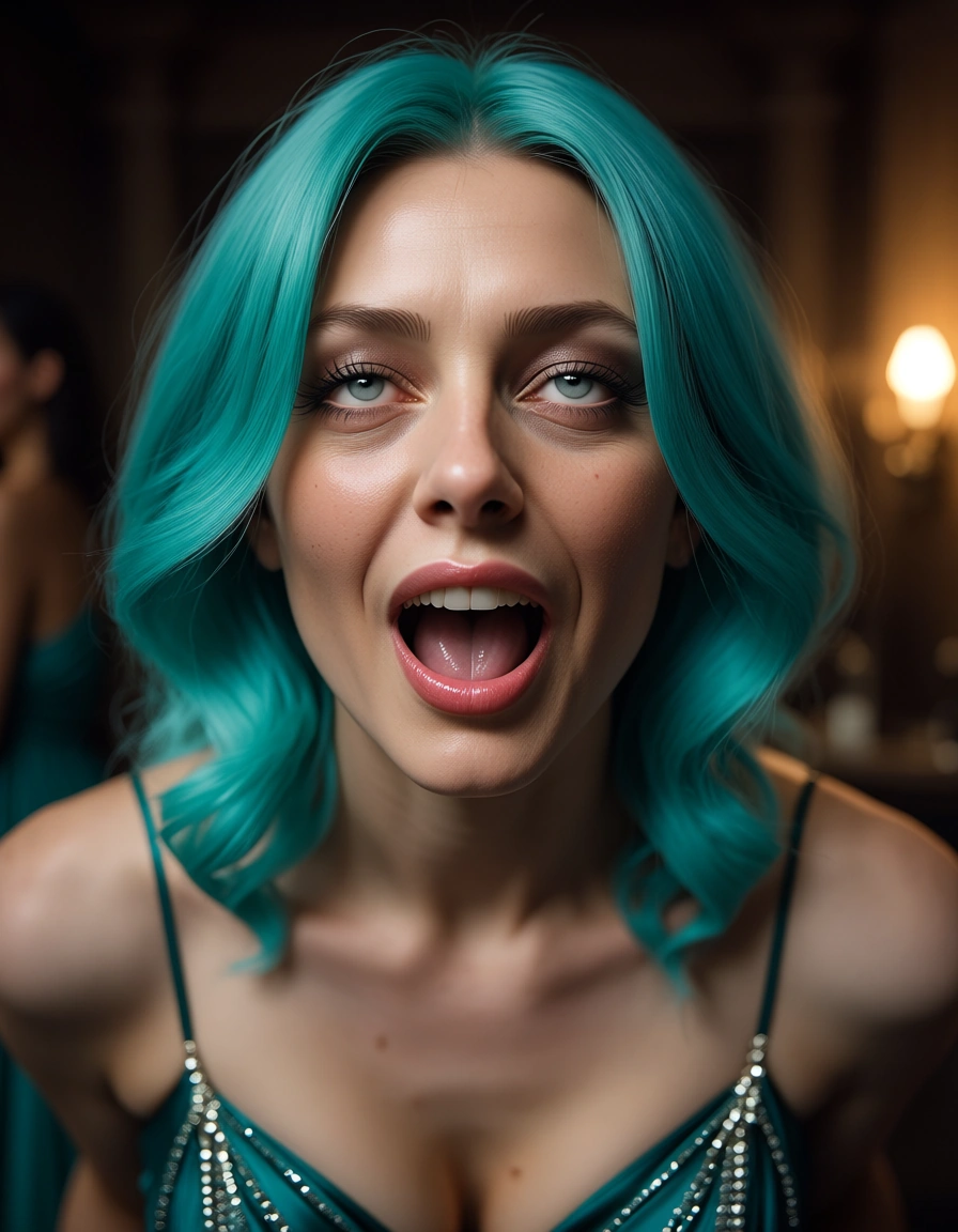 ultra HD, lifelike, multiple women, aqua hair, dress, ahegao, film photography, score_9, score_8, candid photo, realistic skin texture, visible skin pores, film grain, depth of field