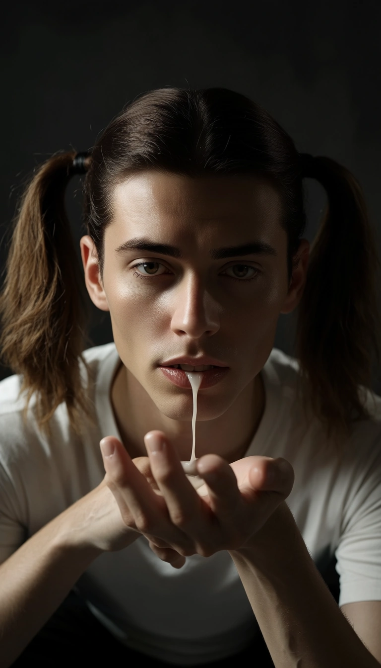 dslr, film grain, photorealistic, male focus, twintails, white shirt, cumshot, studio photo
