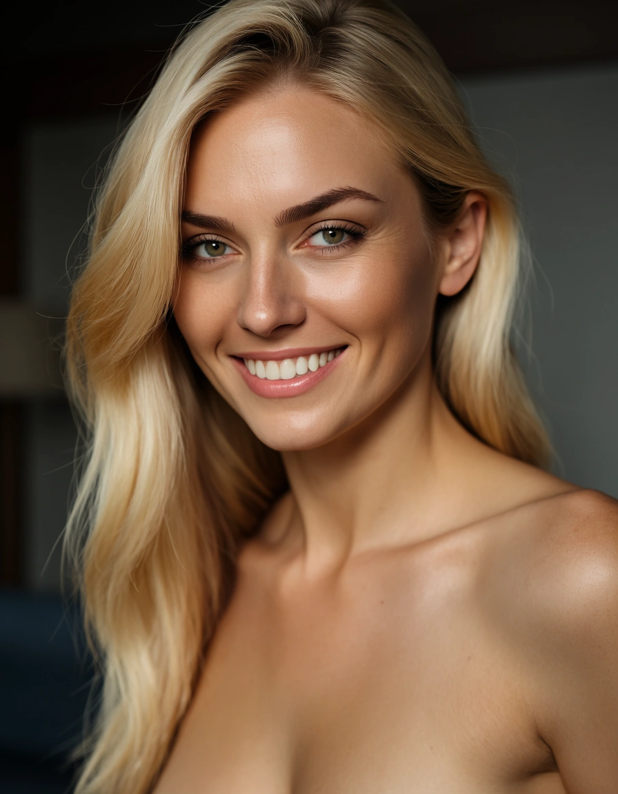 8k, sharp focus, detailed skin, blonde hair, thin, saggy tips, 40yo woman, nude, smiling, score_9, score_8, candid photo, realistic skin texture, visible skin pores, film grain, depth of field