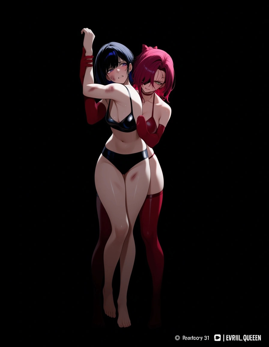 Evil_queen, evil_smile , defeated, bruised, yuri, strapon, dungeon, against_wall, wrestling, hentai_studio_quality
