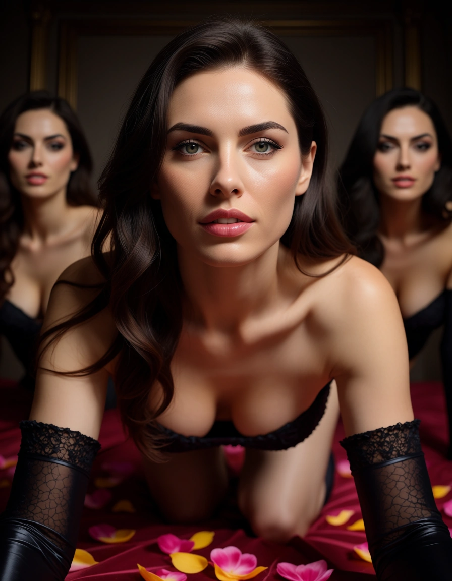 best quality, hyperrealistic, multiple girls, collarbone, elbow gloves, on all fours, petals, golden hour, photorealistic, score_9, score_8, candid photo, realistic skin texture, visible skin pores, film grain, depth of field