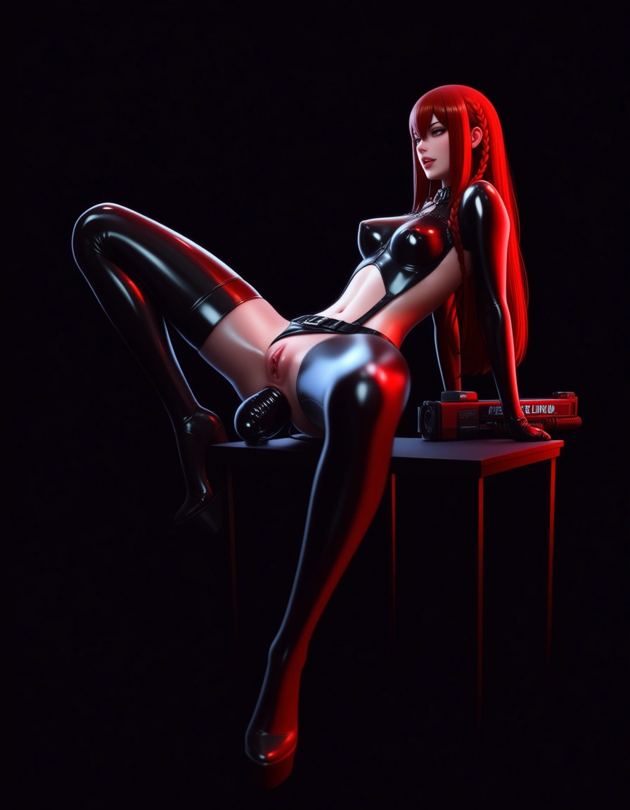 Dslr, redhead woman, braid, weapon, on all fours, dramatic lightin, 8k uhd photo_(object), RAW photo, ultra realistic, @makise_kurisu, clitoris, bdsm, femdom, anal_object_insertion, latex, hentai_studio_quality