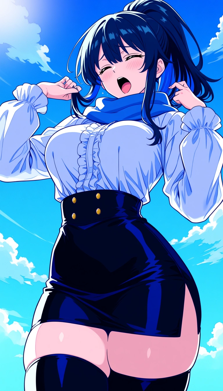 dslr, film grain, photorealistic, mature female, scarf, frills, hip sway, hair pull, cowboy shot, cool tones, studio photo sexy body wearing very short black skirt with thigh socks with transparent white shirt showing tits, slowly unclothing herself and moaning