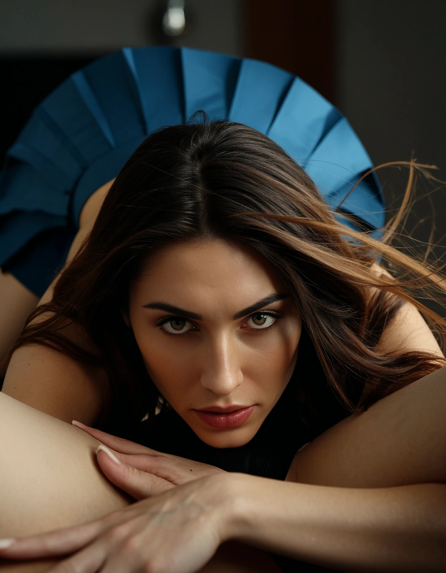 RAW photo, ultra realistic, bunny woman, floating hair, pleated skirt, 69 position, dslr quality, score_9, score_8, candid photo, realistic skin texture, visible skin pores, film grain, depth of field
