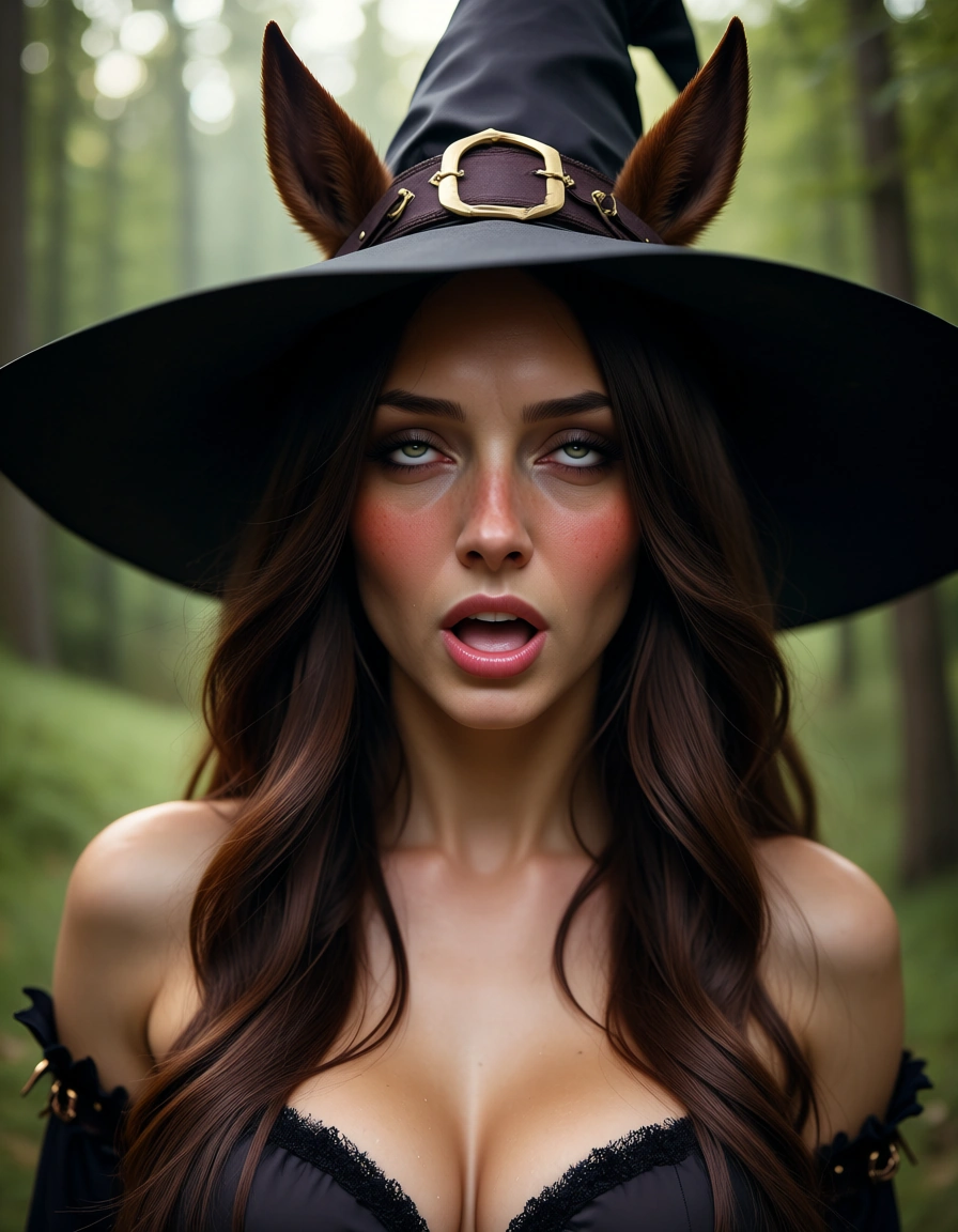 studio quality, sharp focus, witch, ahegao, horse ears, tree, submissive blush, lifelike render, score_9, score_8, candid photo, realistic skin texture, visible skin pores, film grain, depth of field