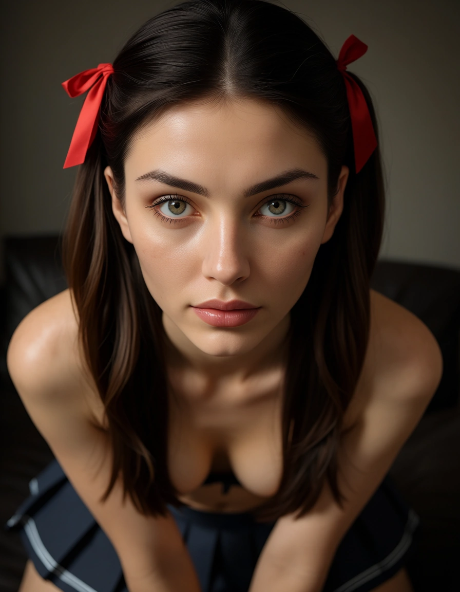 8k, sharp focus, detailed skin, milf, hair ribbon, pleated skirt, facesitting, volumetric light, hyperrealistic, score_9, score_8, candid photo, realistic skin texture, visible skin pores, film grain, depth of field