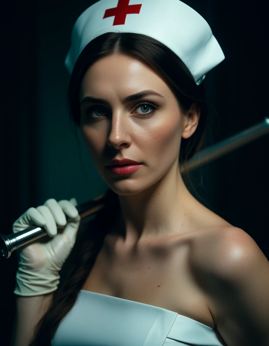 cinematic photo, 8k, nurse, bare shoulders, gloves, bondage, over the shoulder, ambient glow, 8k uhd photo, score_9, score_8, candid photo, realistic skin texture, visible skin pores, film grain, depth of field
