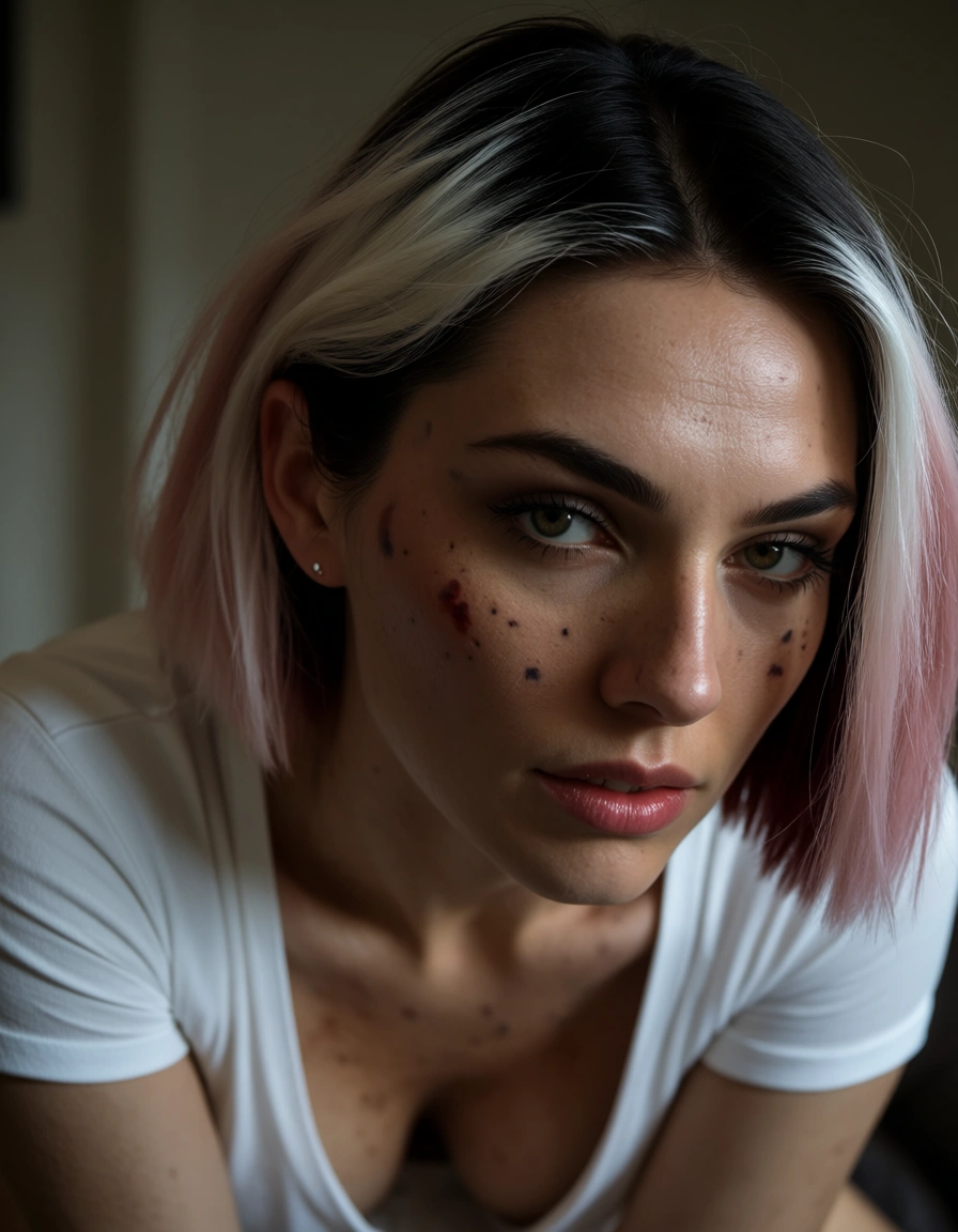 8k, sharp focus, detailed skin, 1woman, two-tone hair, white shirt, 69 position, film photography, score_9, score_8, amateur photo, phone snapshot, realistic skin texture, skin blemishes, soft indoor lighting