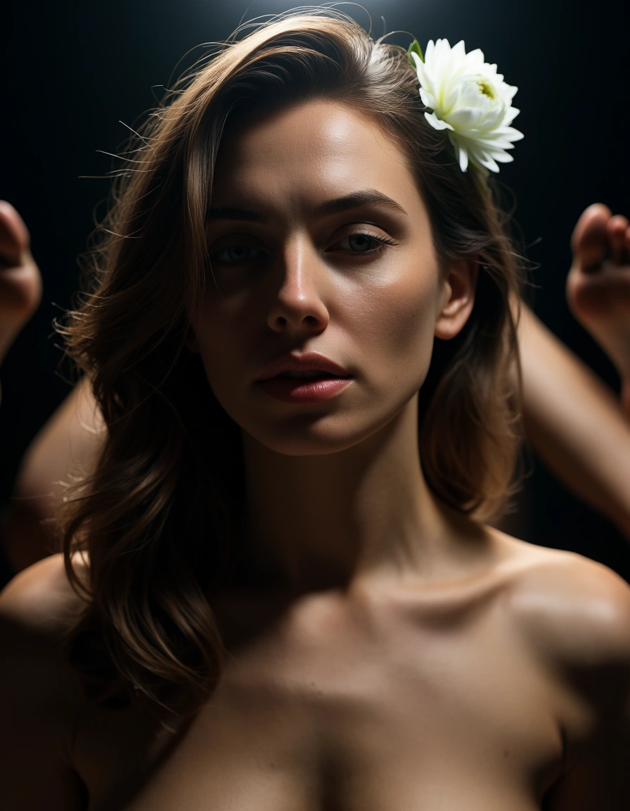 cinematic photo, 8k, solo focus, toes, flower, fully nude, transparent background, portrait, spotlight, dslr quality, score_9, score_8, candid photo, realistic skin texture, visible skin pores, film grain, depth of field