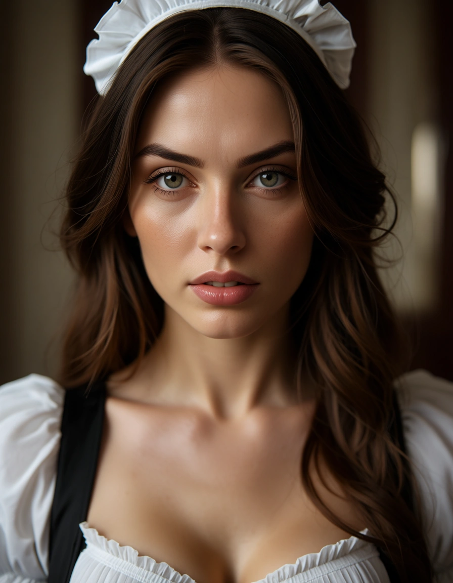 highly detailed, natural lighting, maid, long hair, white shirt, futanari, 8k uhd photo, score_9, score_8, candid photo, realistic skin texture, visible skin pores, film grain, depth of field