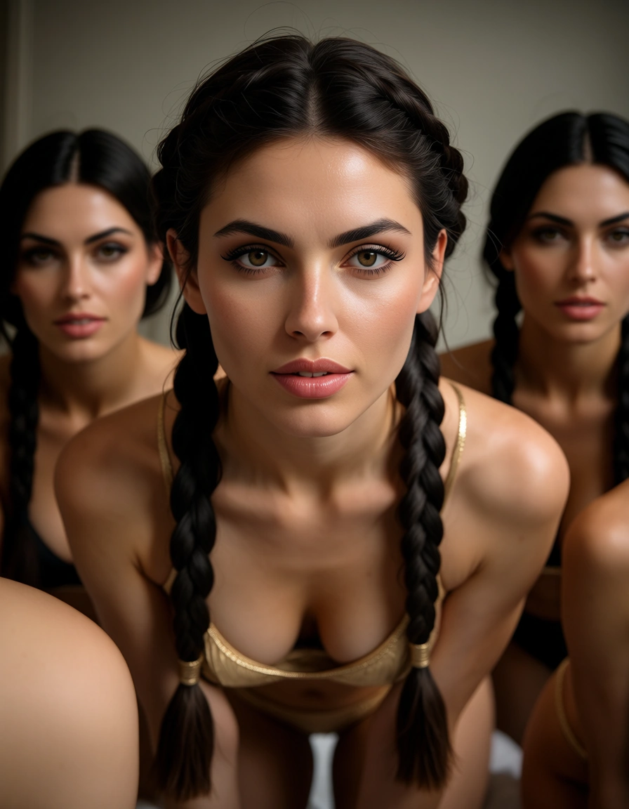 best quality, hyperrealistic, 5women, braid, official alternate costume, doggy style, rim light, 8k uhd photo, score_9, score_8, candid photo, realistic skin texture, visible skin pores, film grain, depth of field