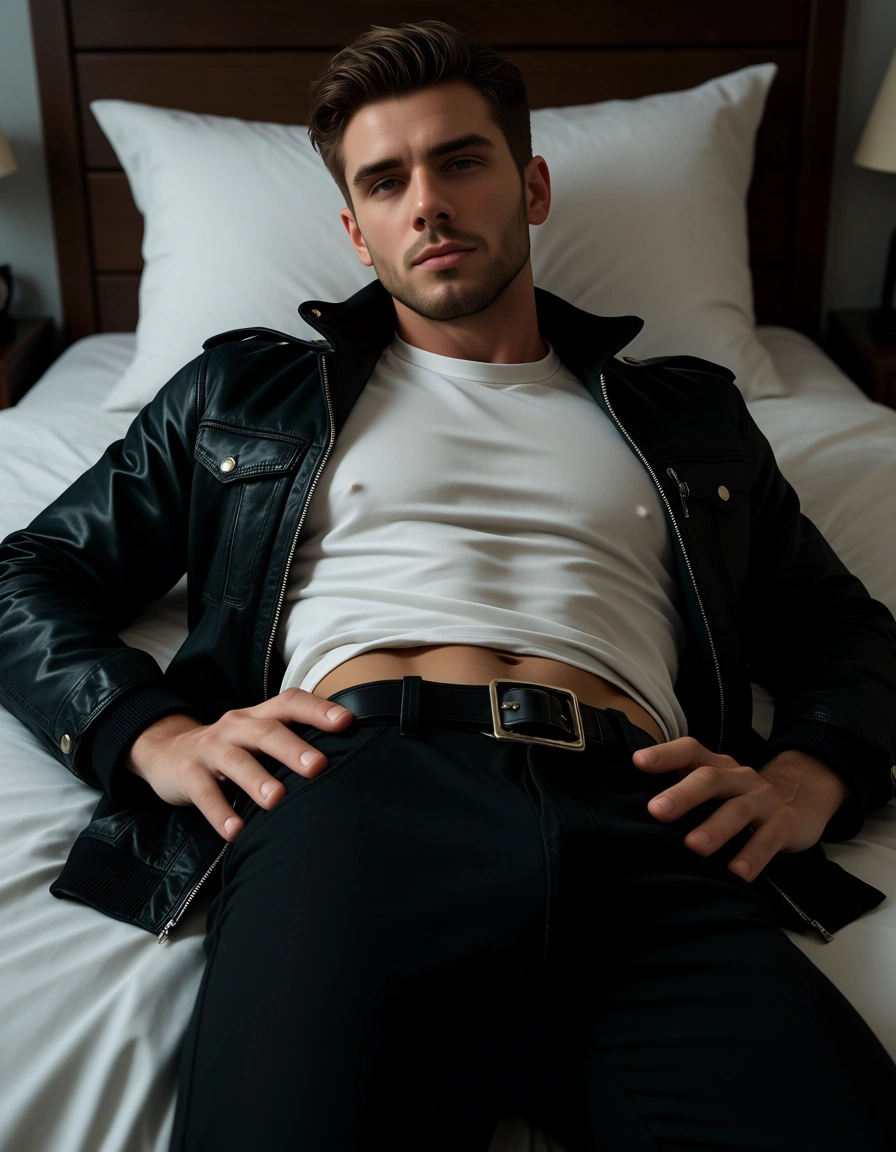 cinematic photo, 8k, male focus, hand on own hip, jacket, lying on bed, creampie, lifelike render,Futa, score_9, score_8, 3d render, octane render, subsurface scattering, ray tracing, smooth shading