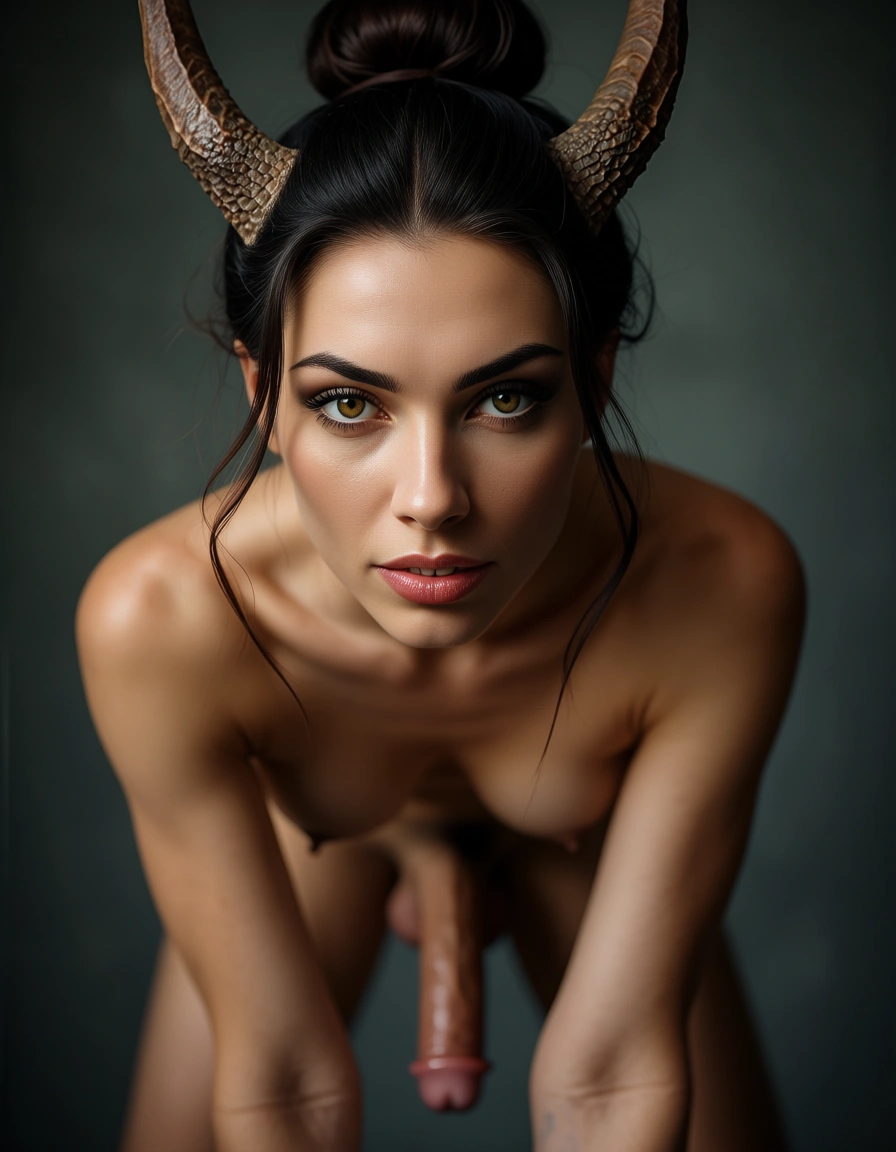 8k, sharp focus, detailed skin, solo female, hair bun, horns, doggy style, lifelike render, futanari, score_9, score_8, candid photo, realistic skin texture, visible skin pores, film grain, depth of field