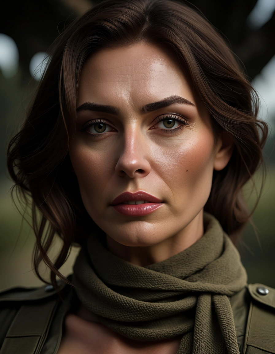 dslr, film grain, photorealistic, close-up, mature female, futanari, scarf, military, 8k uhd photo, score_9, score_8, candid photo, realistic skin texture, visible skin pores, film grain, depth of field