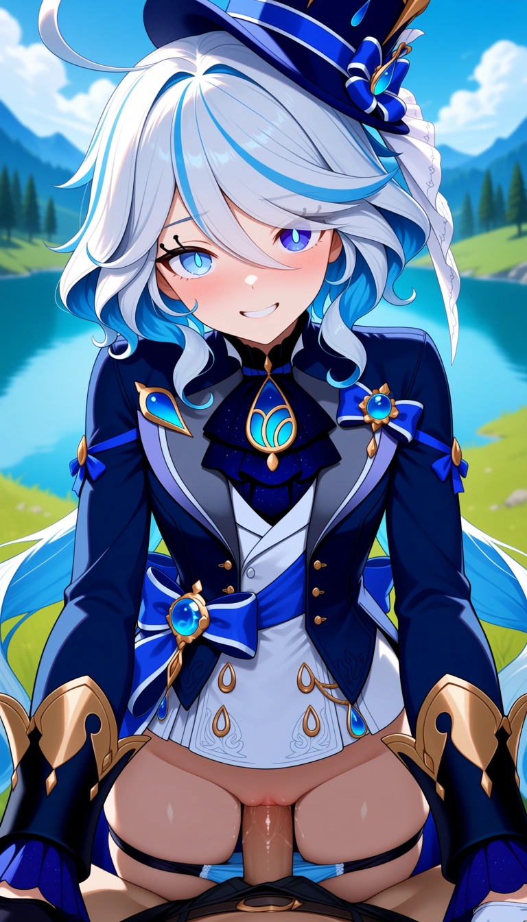 Masterpiece, Genshin impact stylem Furina, shorts down, panties down, Pussy, pov light no hairs penis, pov vaginal sex,  lake, look at viewer, outfit, smile,.,,, value:0.1 for: hentai_studio_quality.,,,,,,,,,,,, hentai_studio_quality